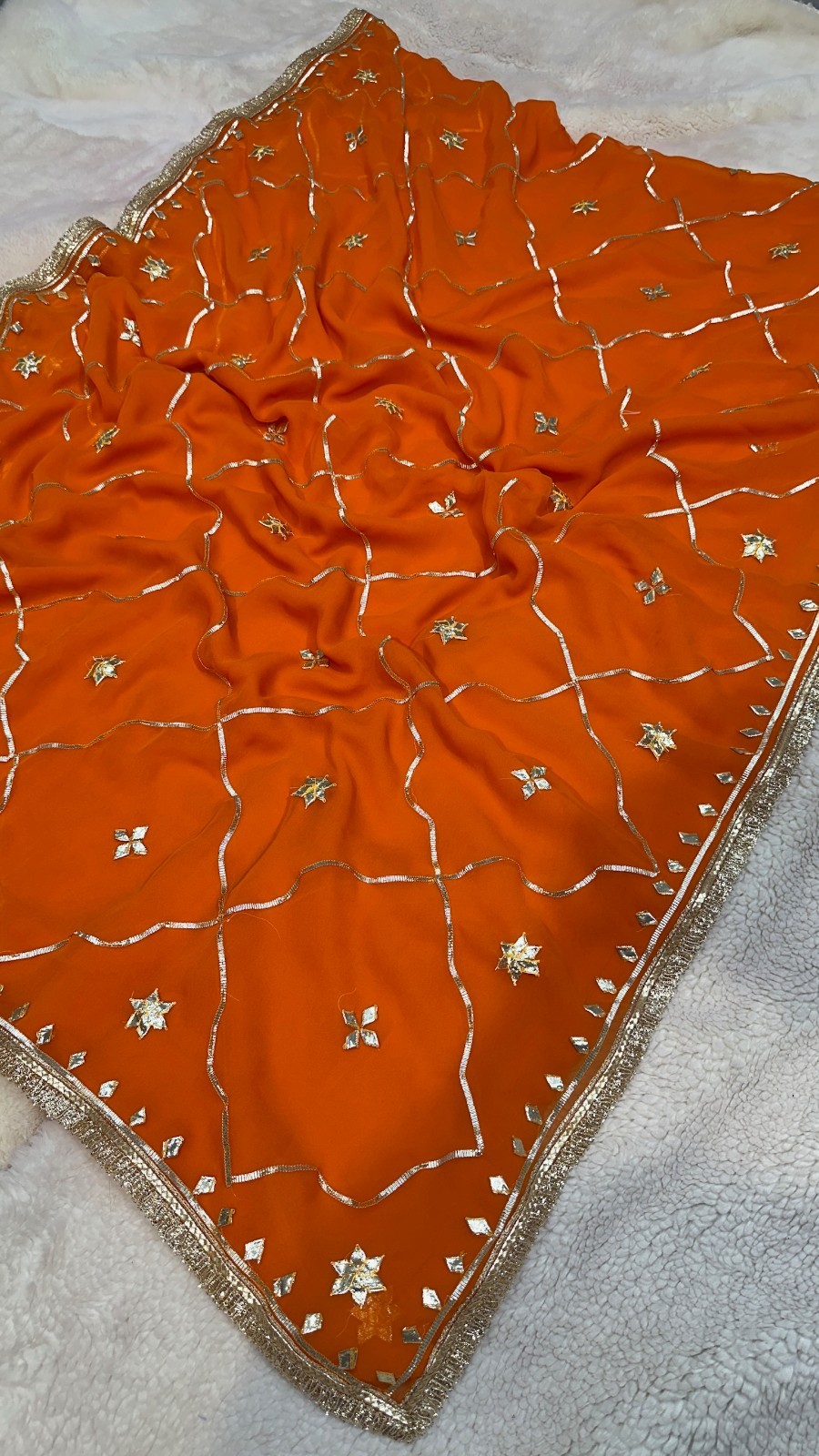 Women Orange Georgette Saree With Kaccha Gotta Work Unstitched Blouse