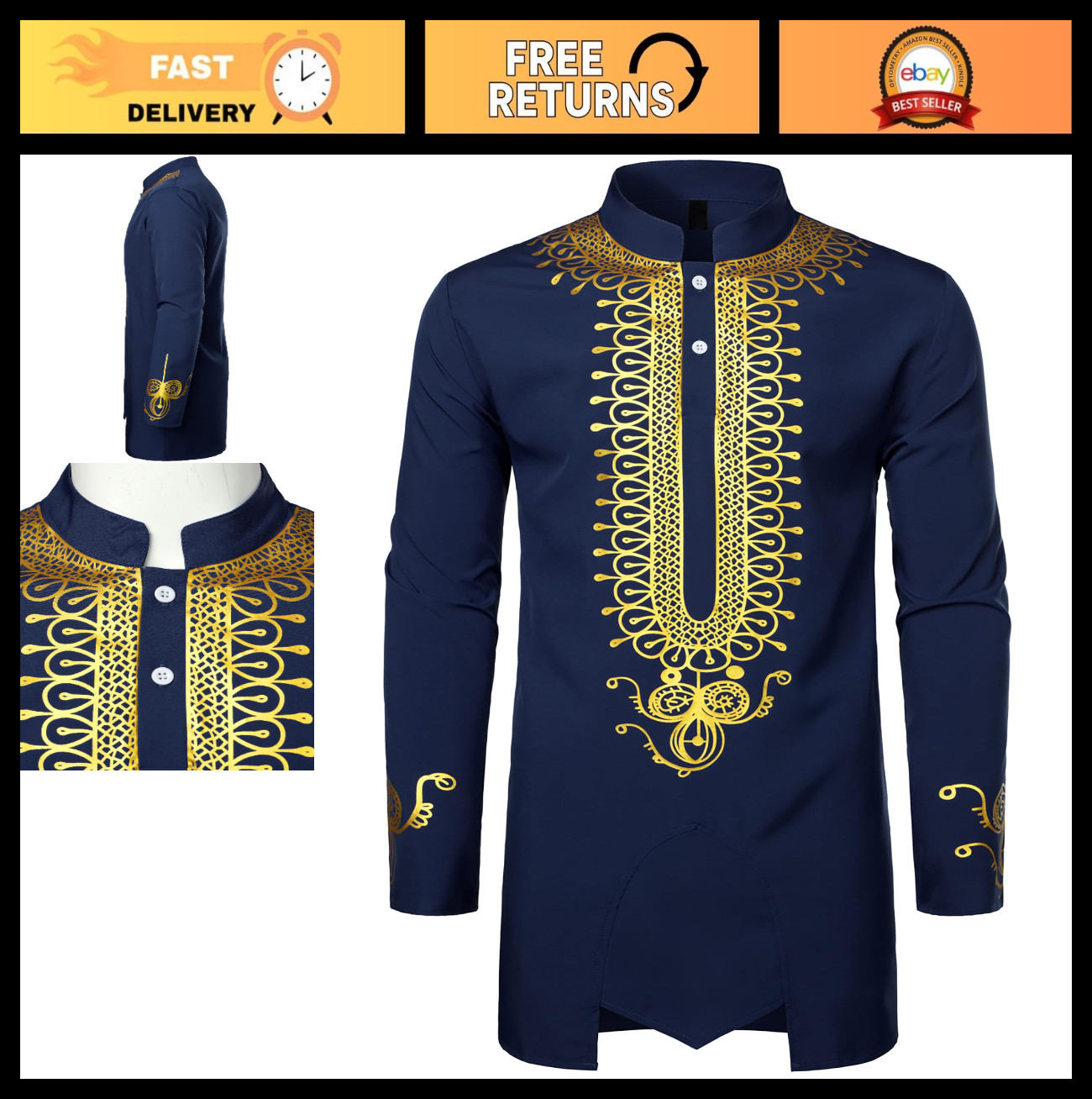 Men’s Traditional African Dashiki Long Sleeve Shirt, Shiny Pattern, Dazzling Des