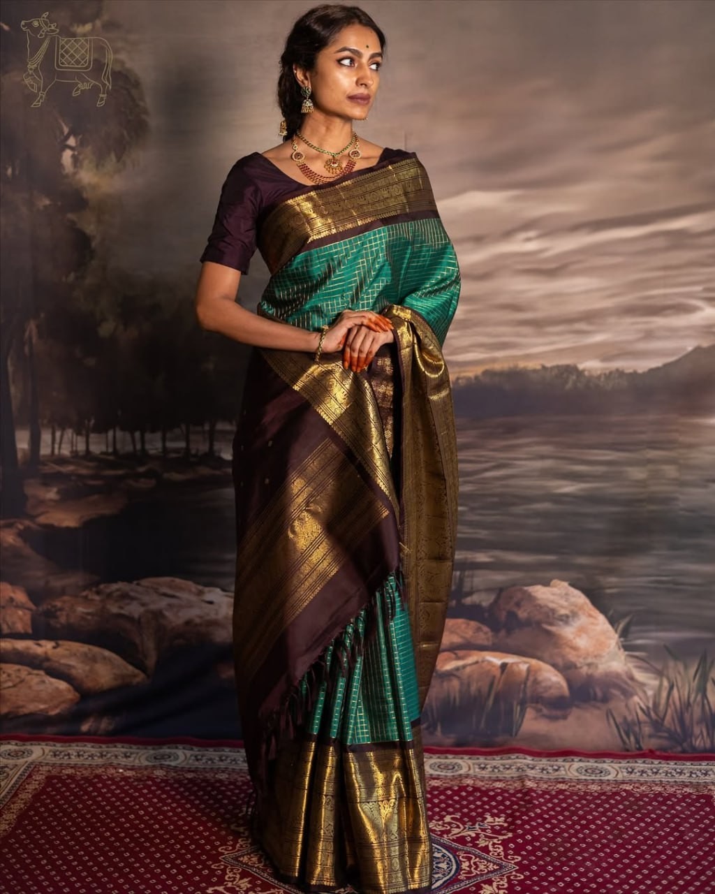 Traditional Kanchipuram Silk Saree – Emerald Green & Deep Wine – Gold Zari Work