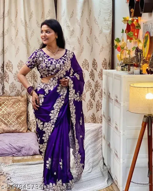 Women’s Vichitra silk saree with beautiful Embroidered work design cut Blouse