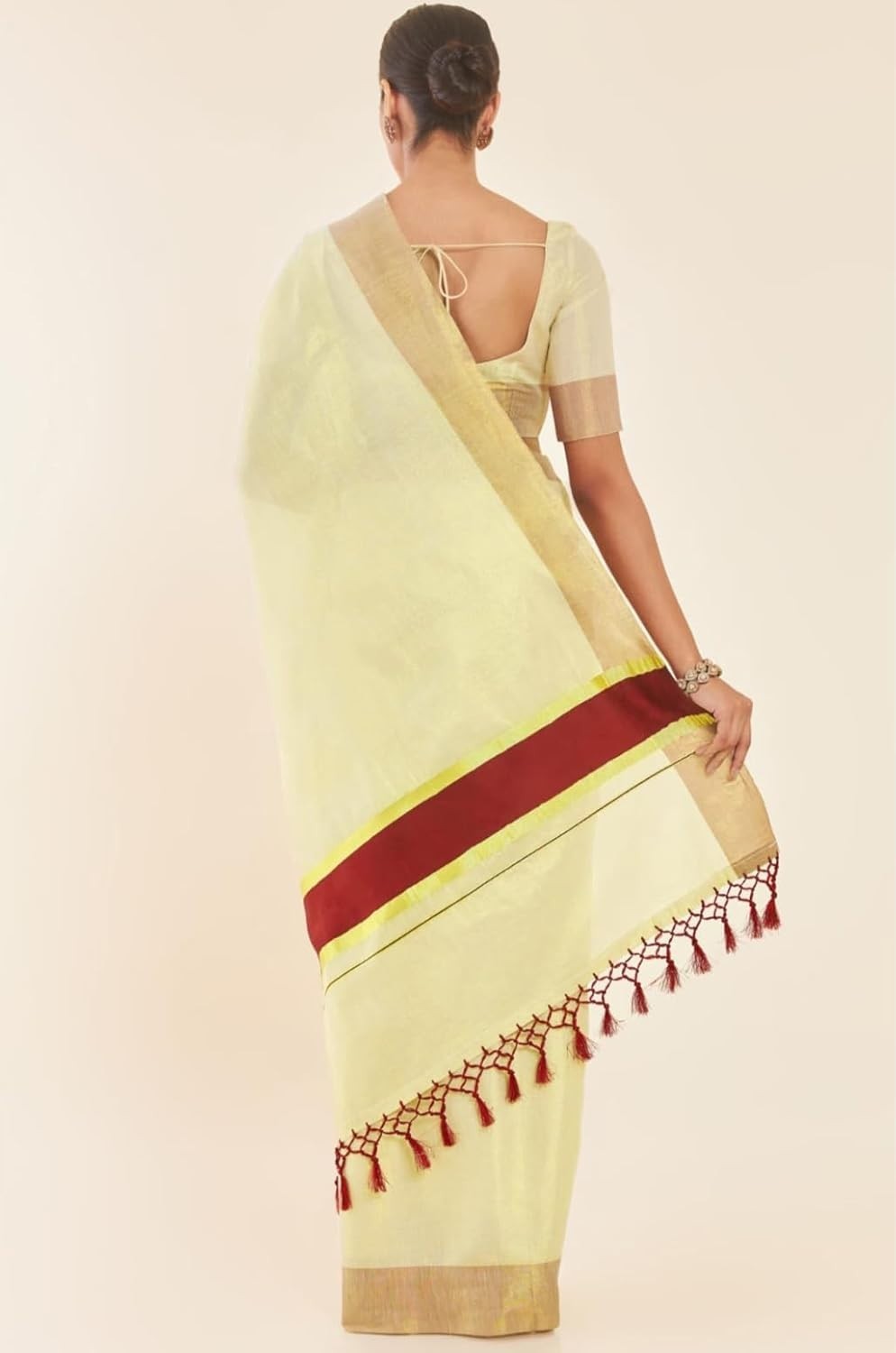 Women’s Tissue Kasavu Saree with Colour Striped Pallu and Unstitched Blouse