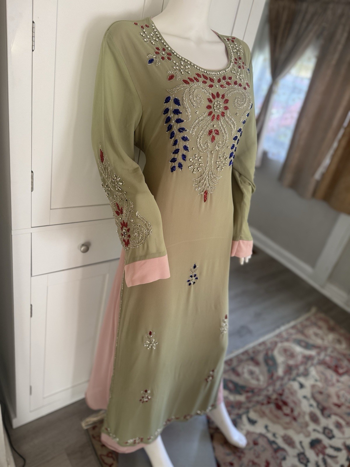Handmade Women’s green and pink dress Tunic Cotton Blend Chiffon