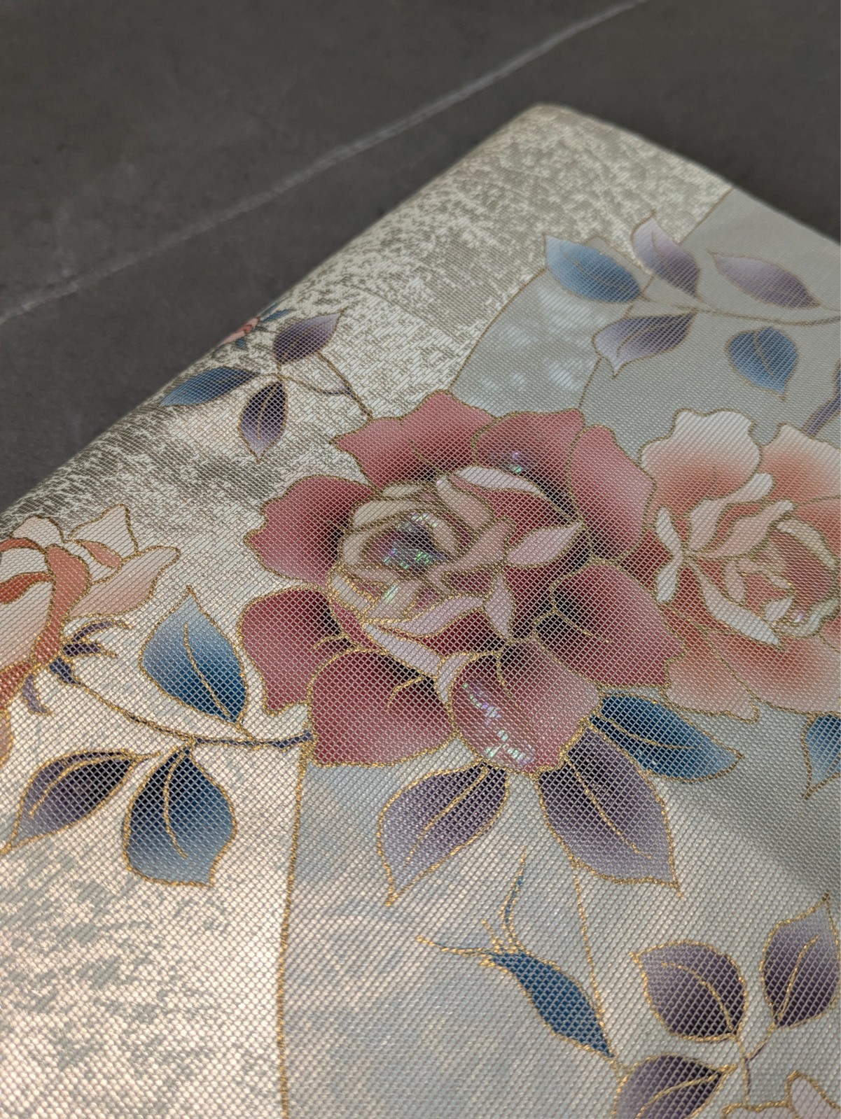 Vintage Japanese Kimono Silk Nagoya Obi Silver Pink Pearl Foil Floral Textile