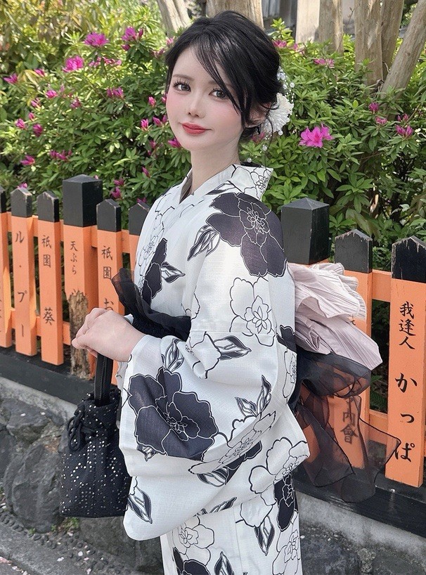 Modern Japan Yukata 3pc Set Women Monotone Peony Cotton-Linen Feel Bow Obi New