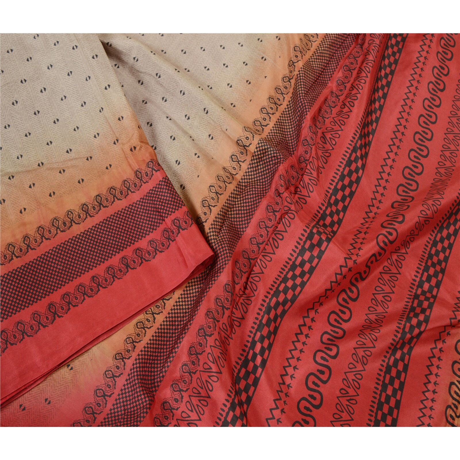 Sanskriti Vintage Sarees Cream & Red Pure Silk Printed Sari Floral Craft Fabric