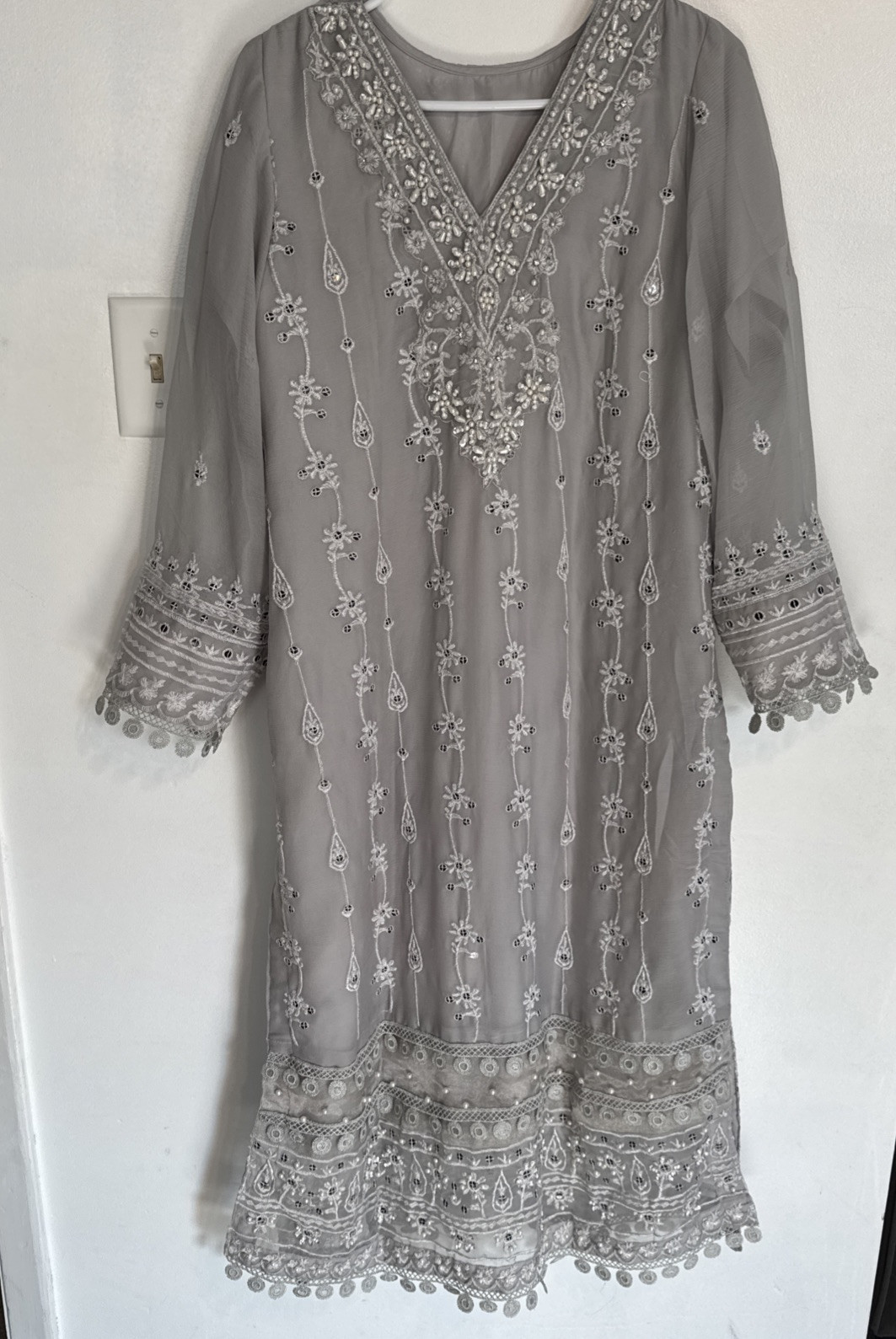 Pakistani Gray Embroidered Pearl Shalwar Kameez Suit Wedding Eid Ethnic Ramzan