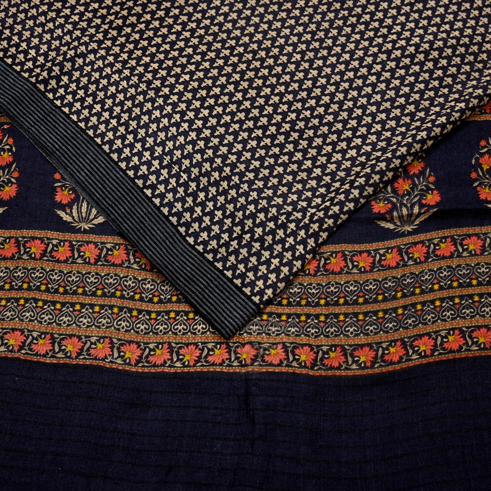 Vintage Black & Beige Saree Pure Woolen Woven Printed Sari Warm Craft Fabric 5Yd