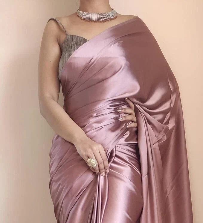 Women’s Rose Gold Satin Silk Pre Pleated Saree Ready to Wear with Blouse