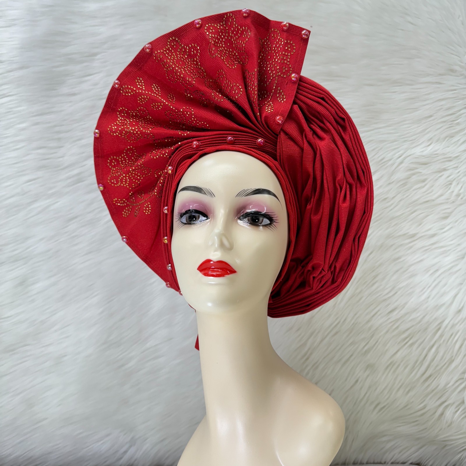 African Gele Fabric Turban Headtie Made Head Wear Hat Aso-Oke Auto Gele Beaded