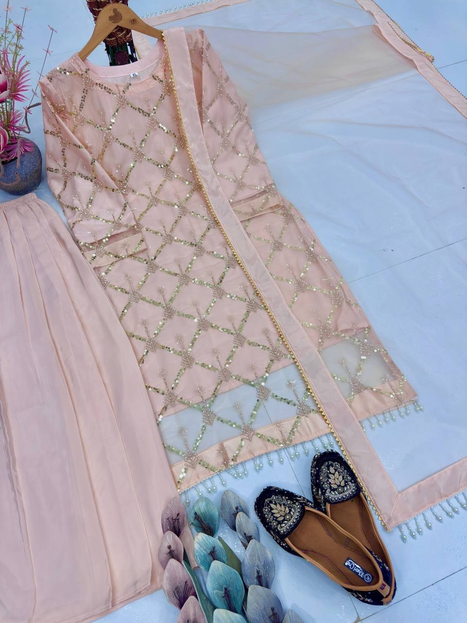 Latest New Heavy Soft Net Pink Top Palazzo With Dupatta For Indian Party Wear