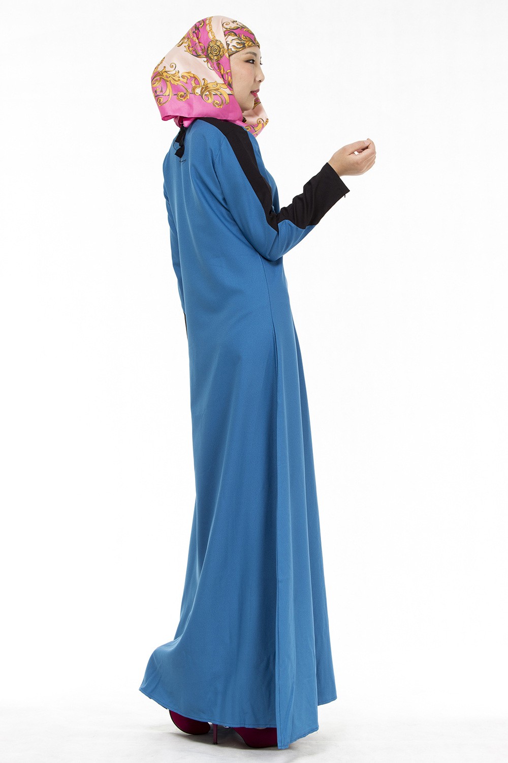 Muslim Women Round Neck Abaya Front Zipper Long Sleeve Kaftan Dress Party Gown
