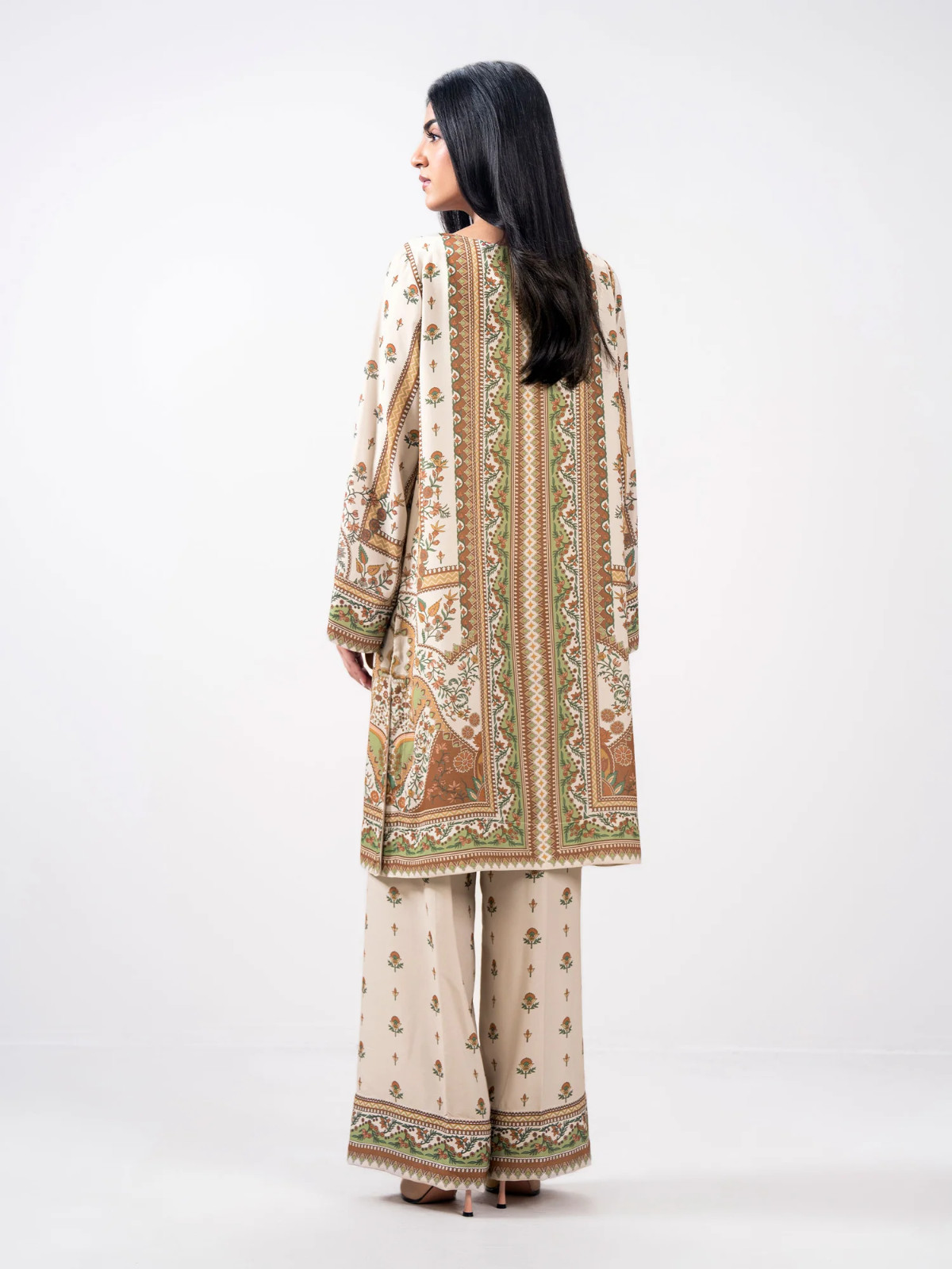Pakistani Beige 2 Pcs printed grip Dress ,M