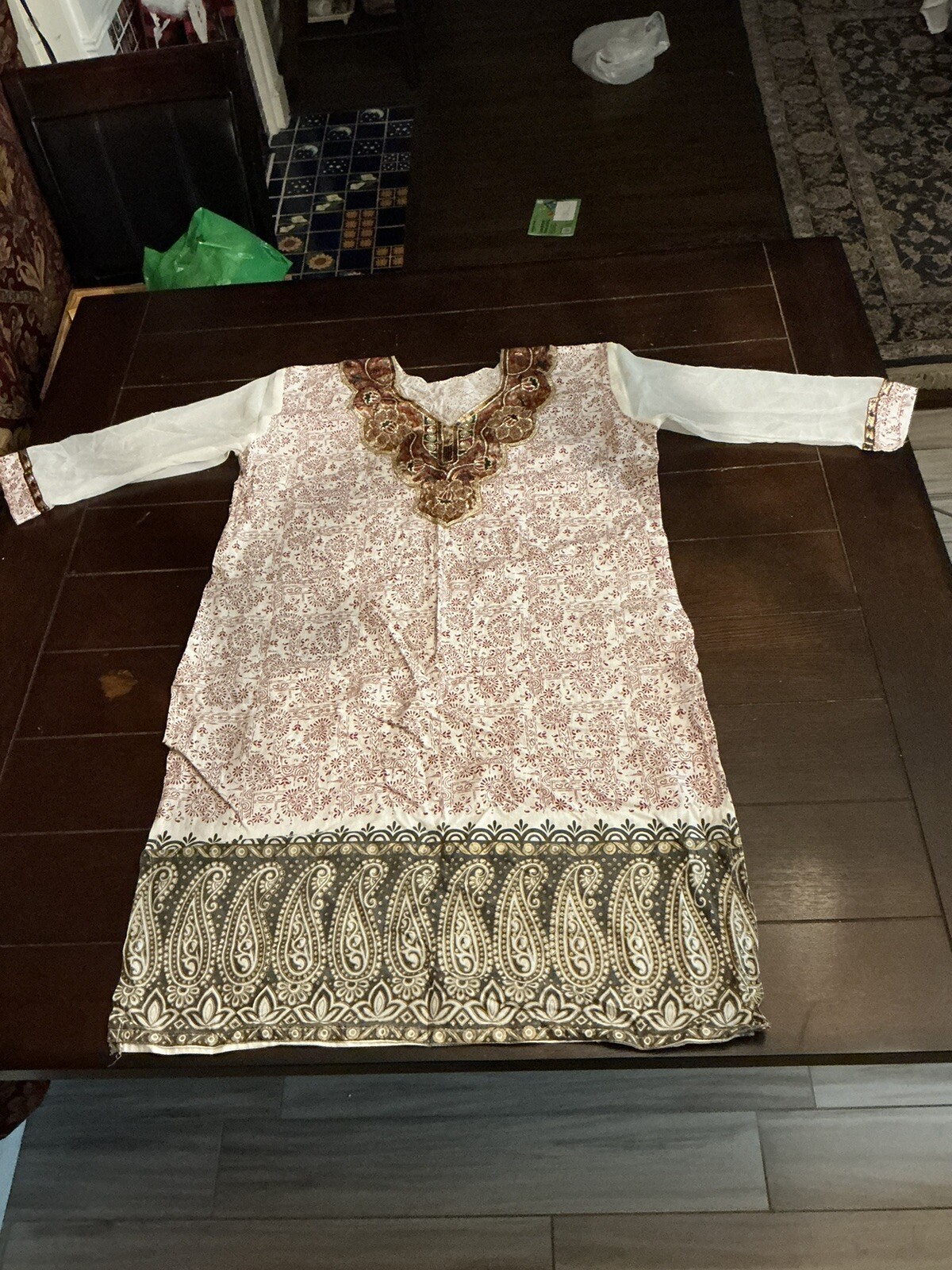 chiffon sleeve, sequined, paisley print cotton kurti, tunic, 37″ long, bust 46″,