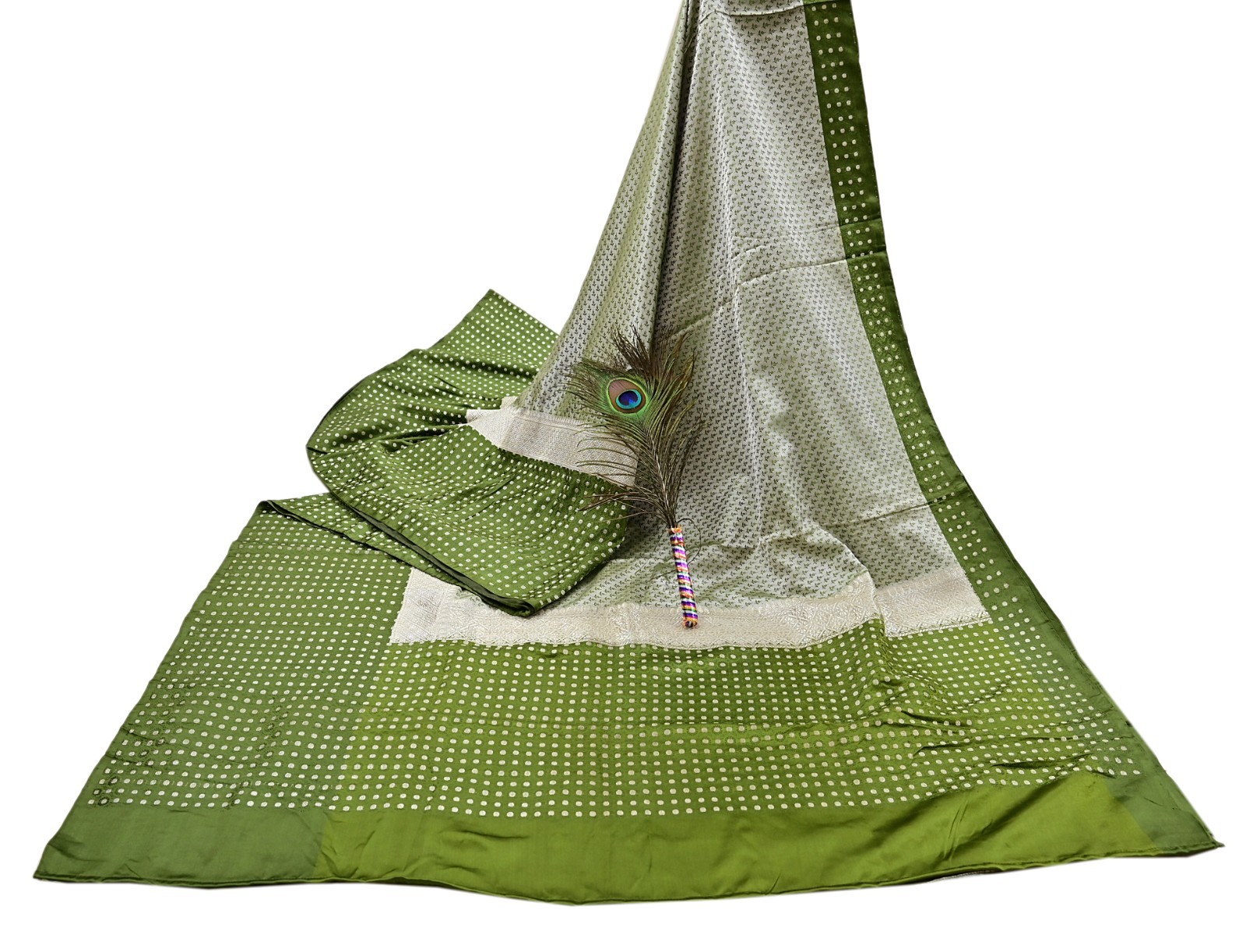 Indian Vintage Sari Green & Ivory Heavy Pure Satin Silk Woven Banarasi Tanchoi S