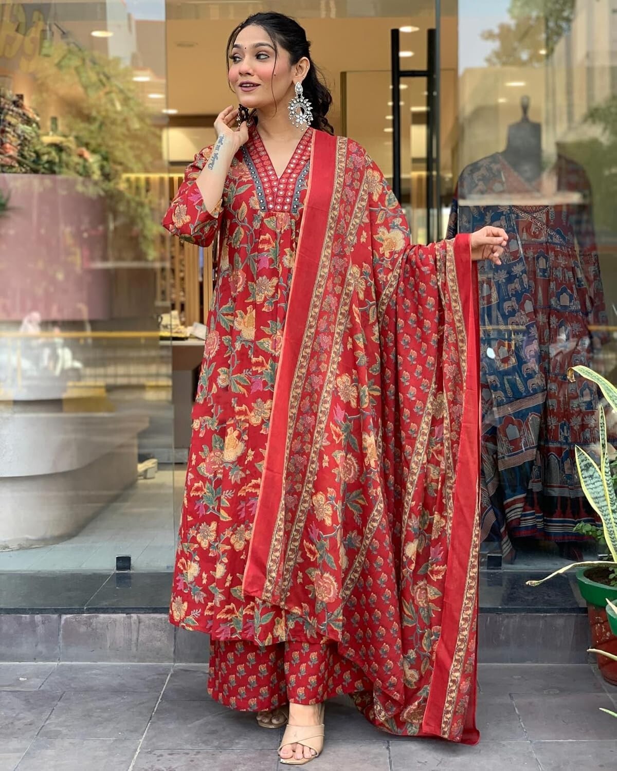 Women’s Rayon Blend Anarkali Printed Kurta with Palazzo & Dupatta