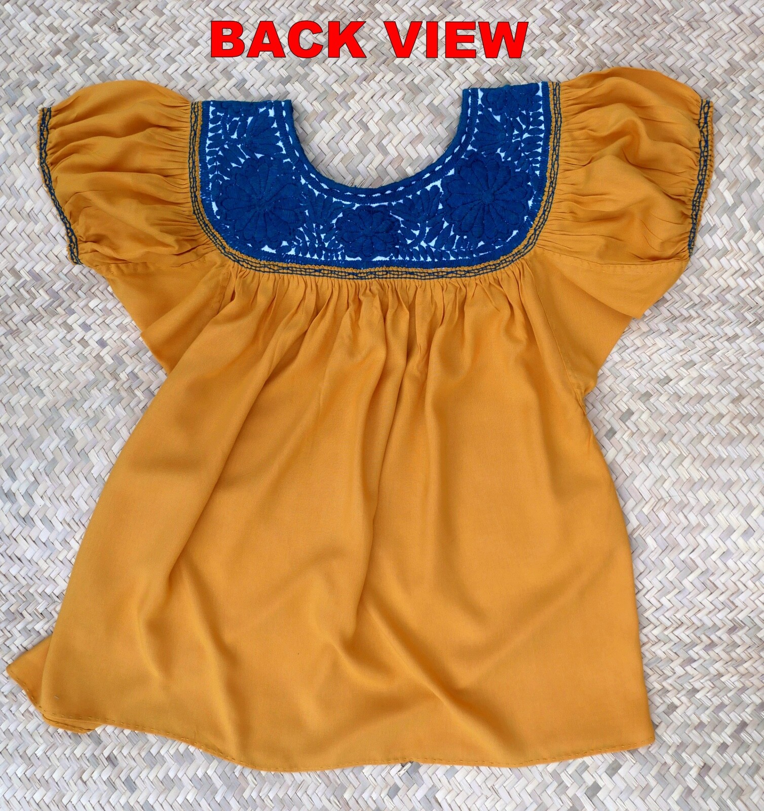 S/M Peasant Blouse Hand Embroidery Blue Flowers Gold Fabric Mayan Chiapas Mexico