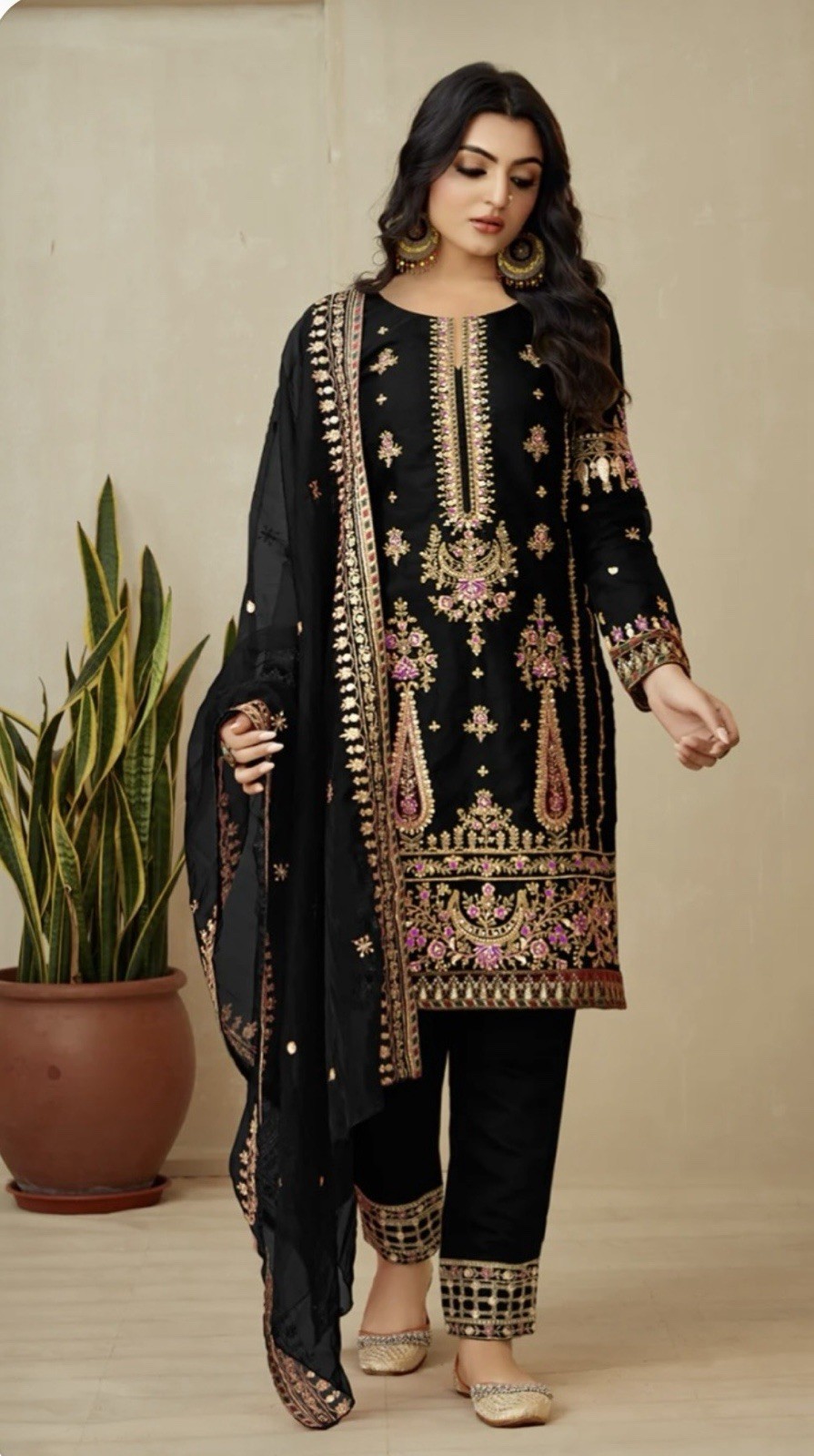 Pakistani Traditional Black Fancy Cotton Organza Embroidered! L Sz
