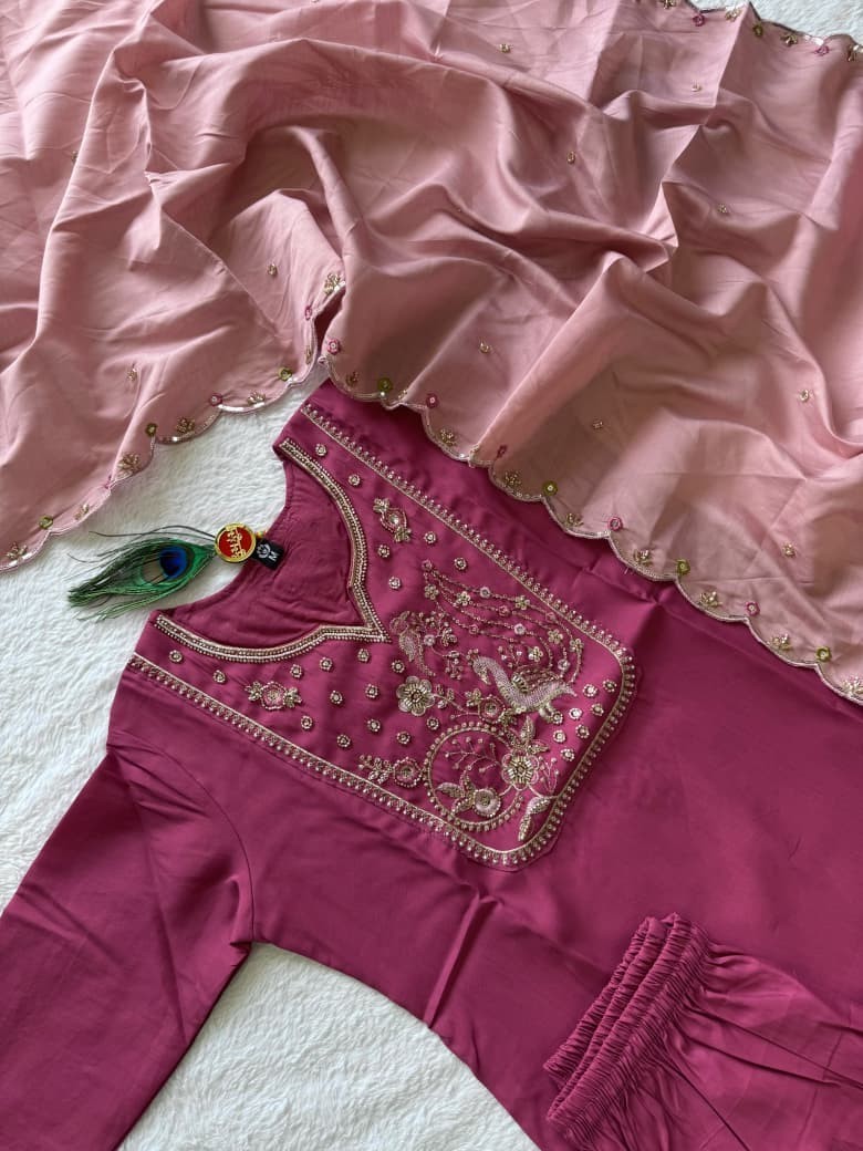 Readymade Pakistani Designer Boutique Suit Rouge Roman Silk Kurti Dupatta Set