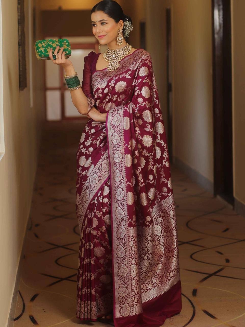 Indian Wedding Saree Maroon Soft Silk Jacquard with Rich Pallu & Brocade Blouse