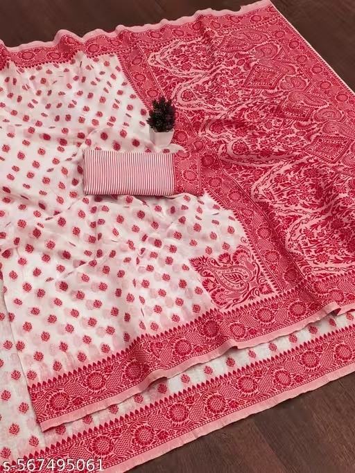 Traditional Bengali Handmade Jamdani Saree With Unstitched Bloused Wedding Wear