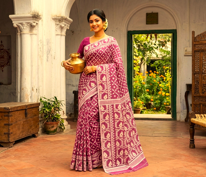 Graceful Indian Festive Wear Dhakai Jamdani Soft Cotton Handloom Ethnic Saree
