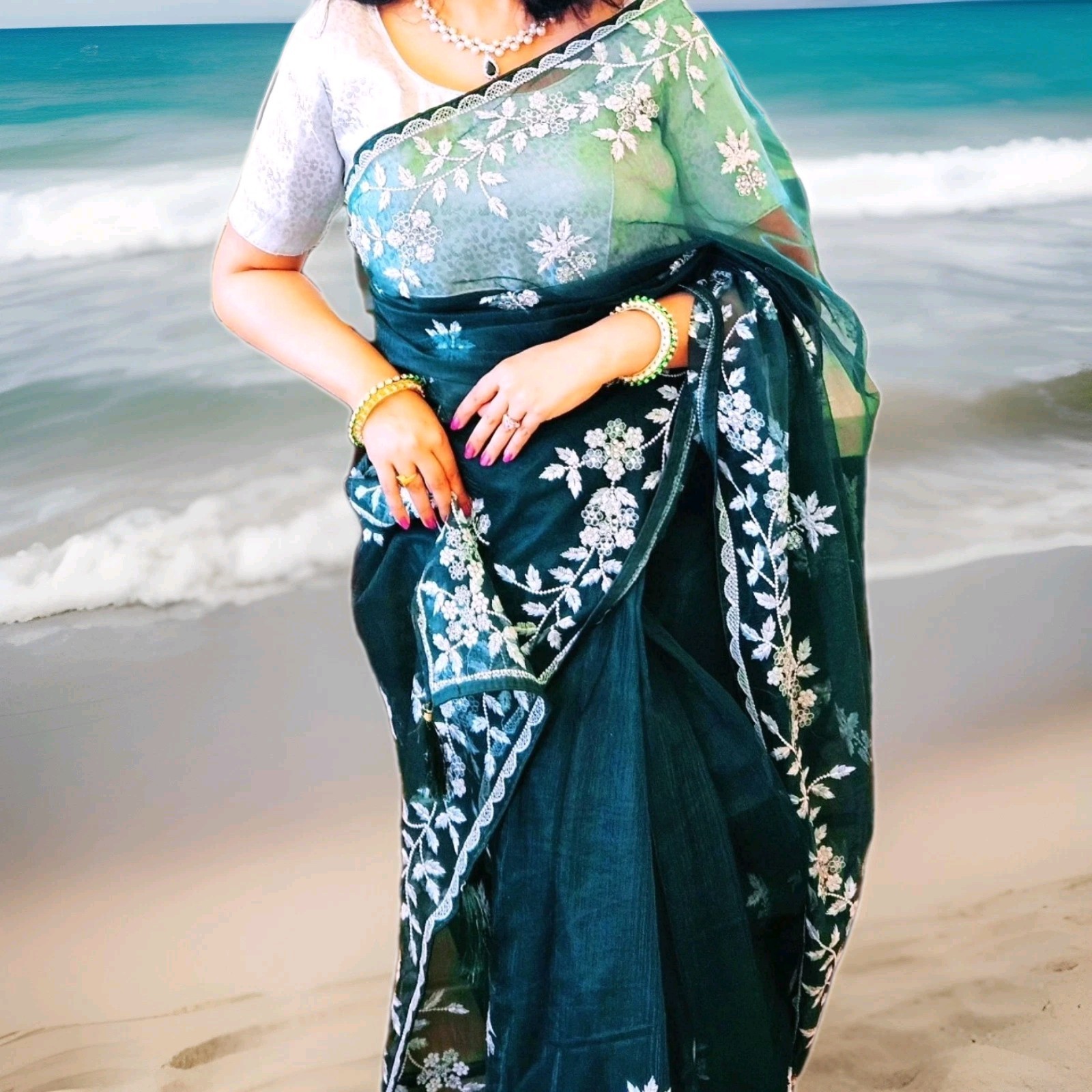 Indian Bollywood Party wear Designer Organza Embroidered net Sari Silk Saree
