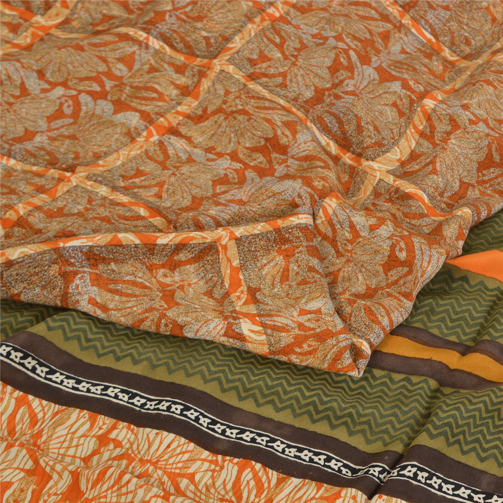 Sanskriti Vintage Orange Sarees Pure Crepe Silk Printed Sari Soft Craft Fabric