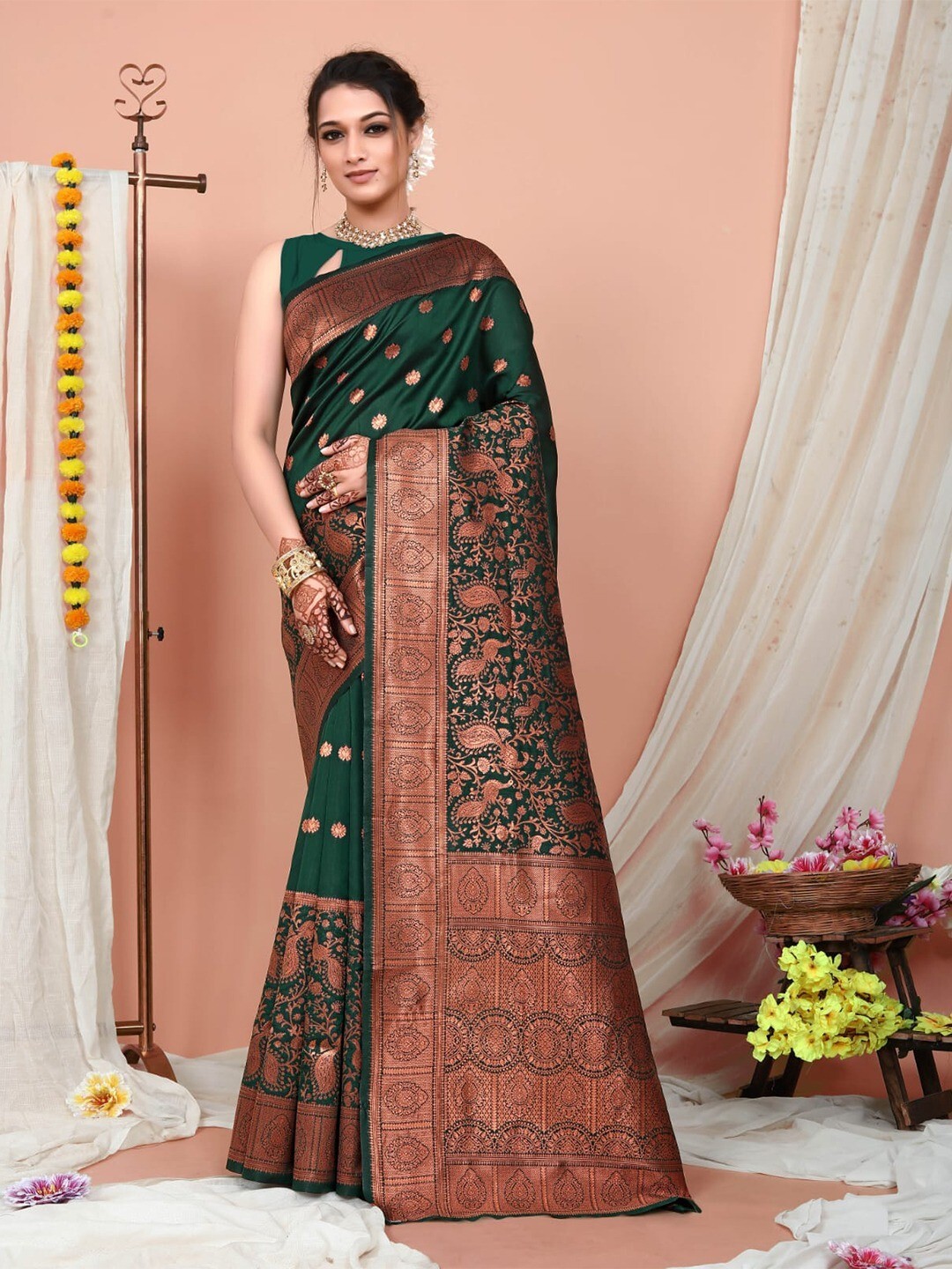Areca designer Copper Mor Zari Work Silk saree blouses women Saree Cut 5.5 Meter