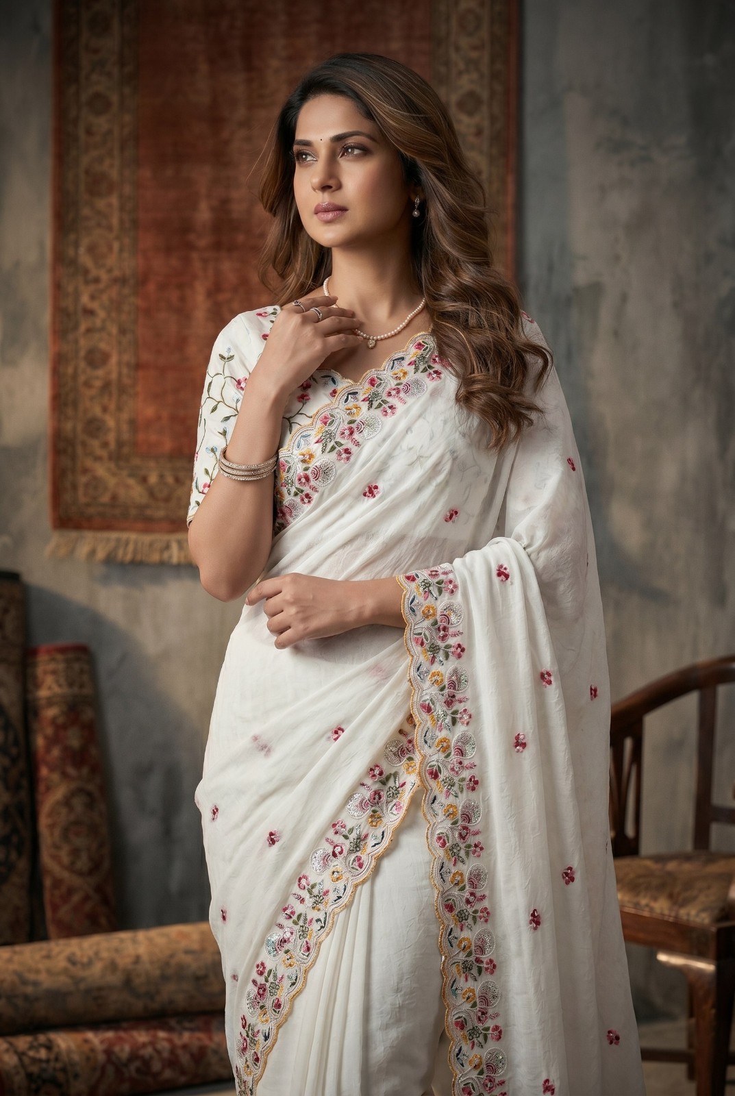 Indian Crush Silk Saree Embroidered Cutwork Border Party Wear Indian Sari Women