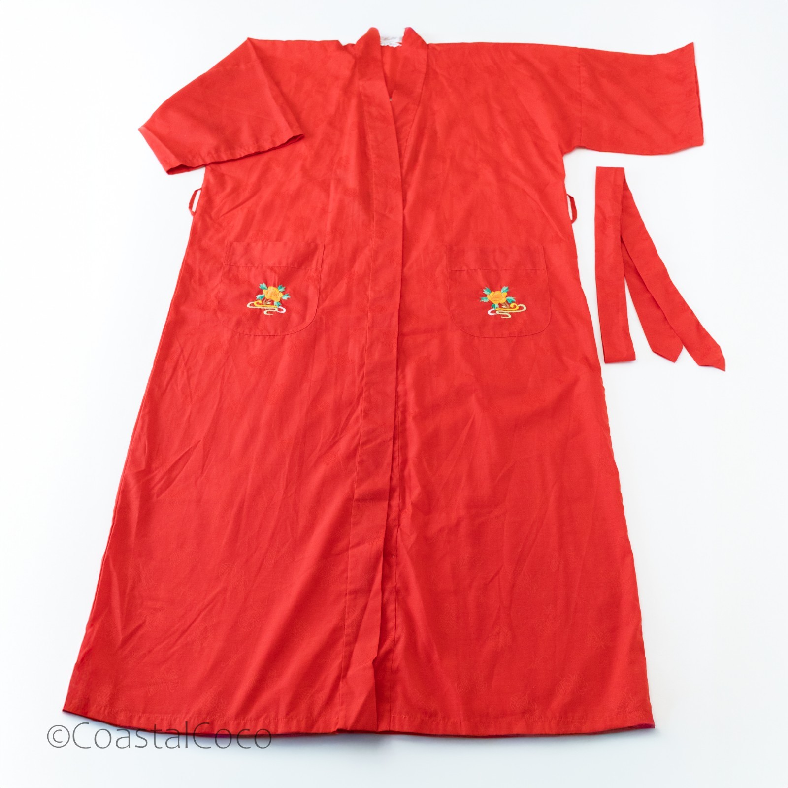 Vintage Health L Chinese Phoenix Peony Embroidered Robe Kimono Red Jacquard