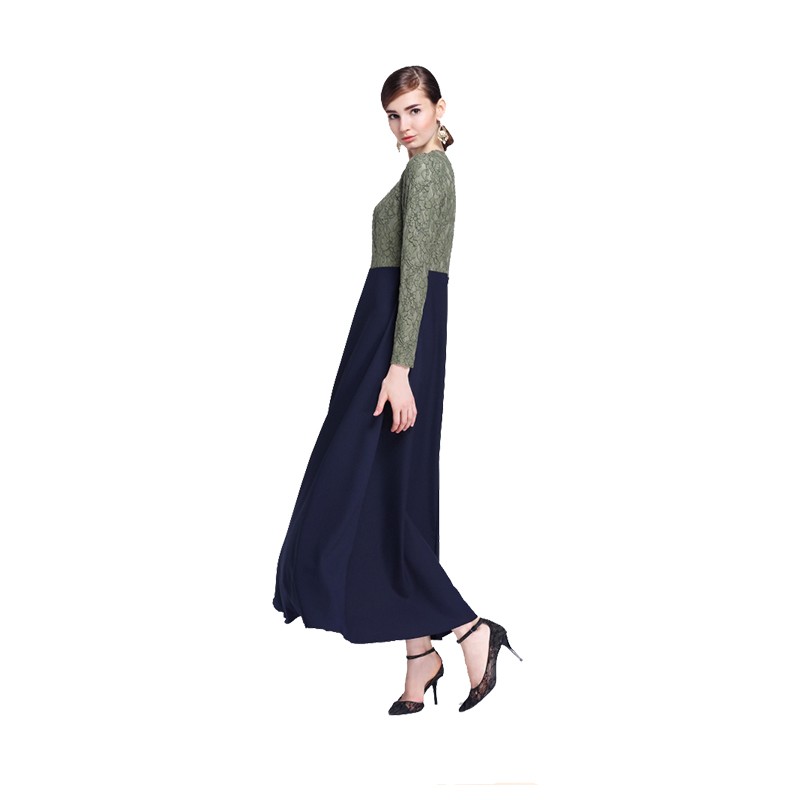 Women’s Round Neck Lace Long Sleeves Evening Dress A-Line Formal Party Gown Robe