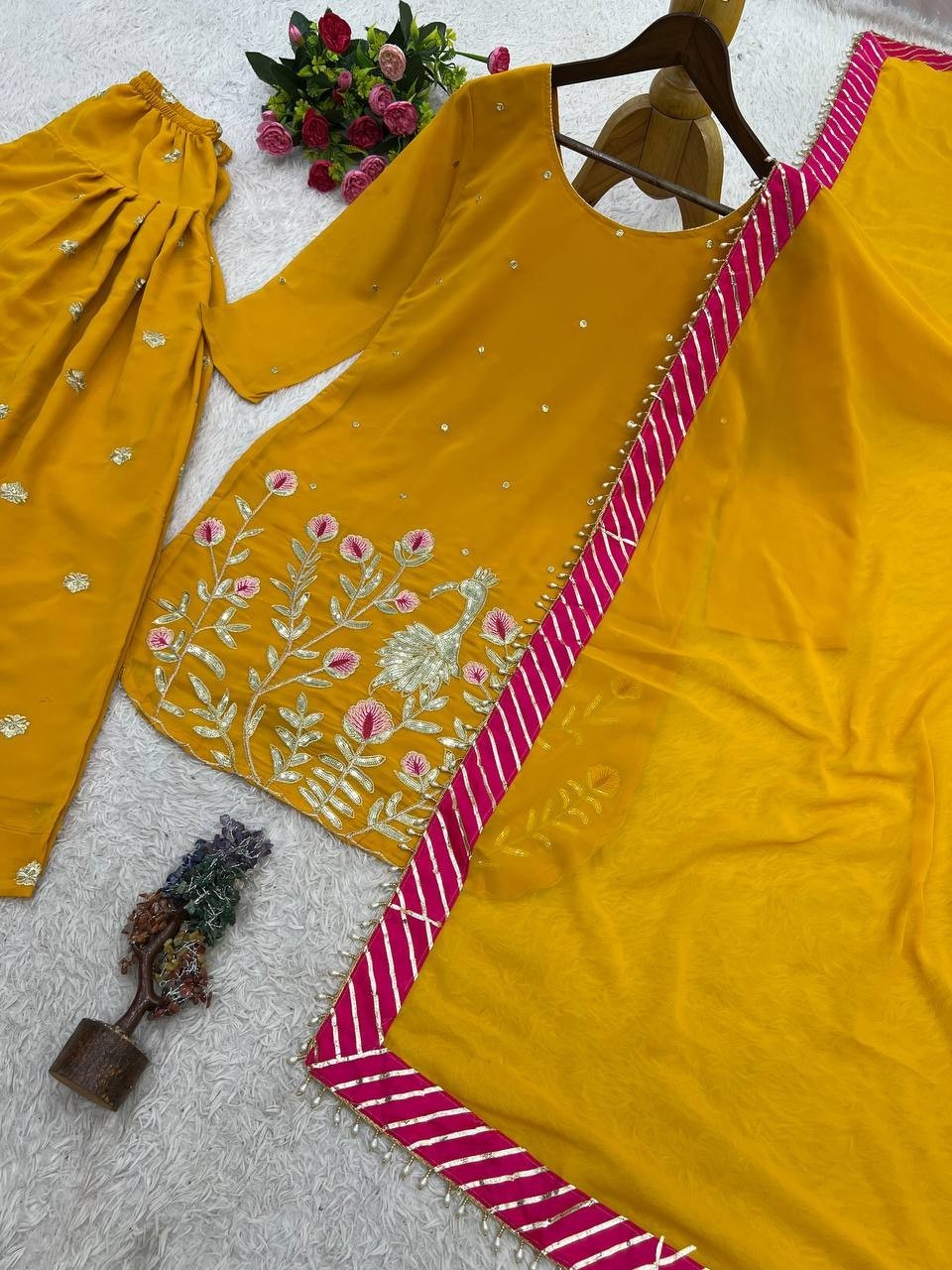 Punjabi Style Faux Georgette Yellow Patiala Suit With Dupatta For Wedding