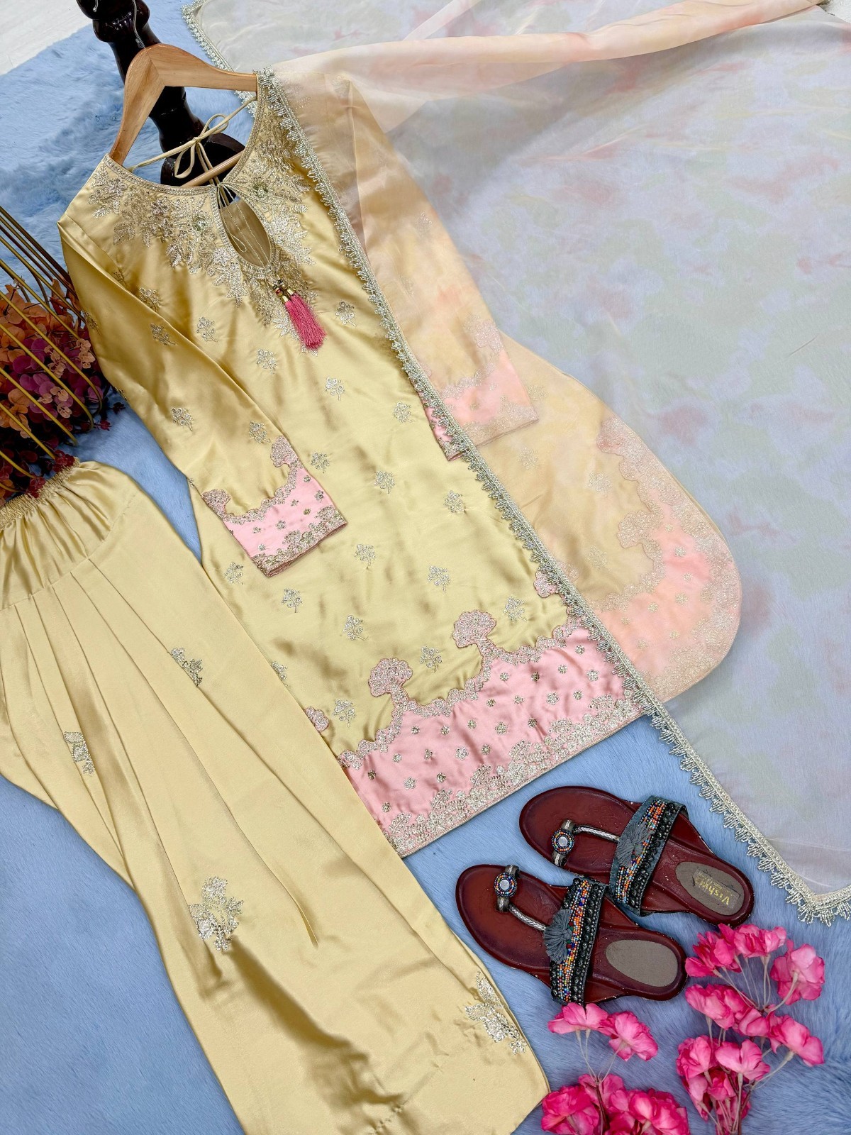 Bollywood Style Japan Satin Silk Yellow Palazzo Suit With Dupatta For Festival