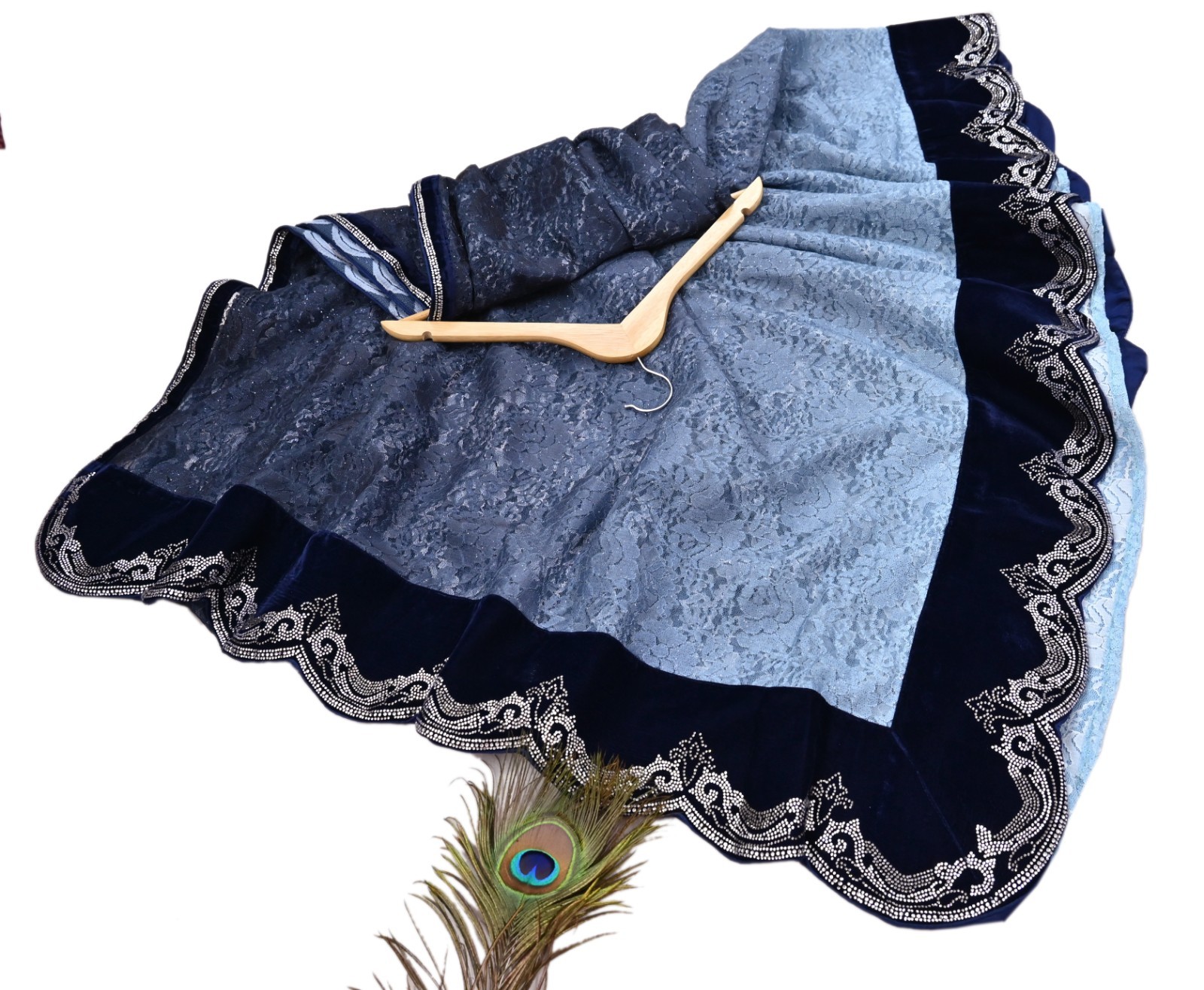 Vintage Blue Net Saree Heavy Hand Embroidery Sari 5.5 Yards Soft Mesh Fabric