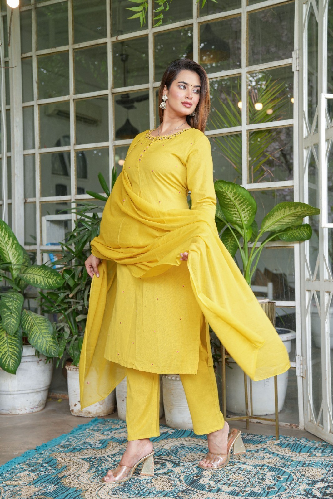 Kurta Palazzo Dupatta Set Plus Size Yellow Salwar Kameez Fully Stitched Combo