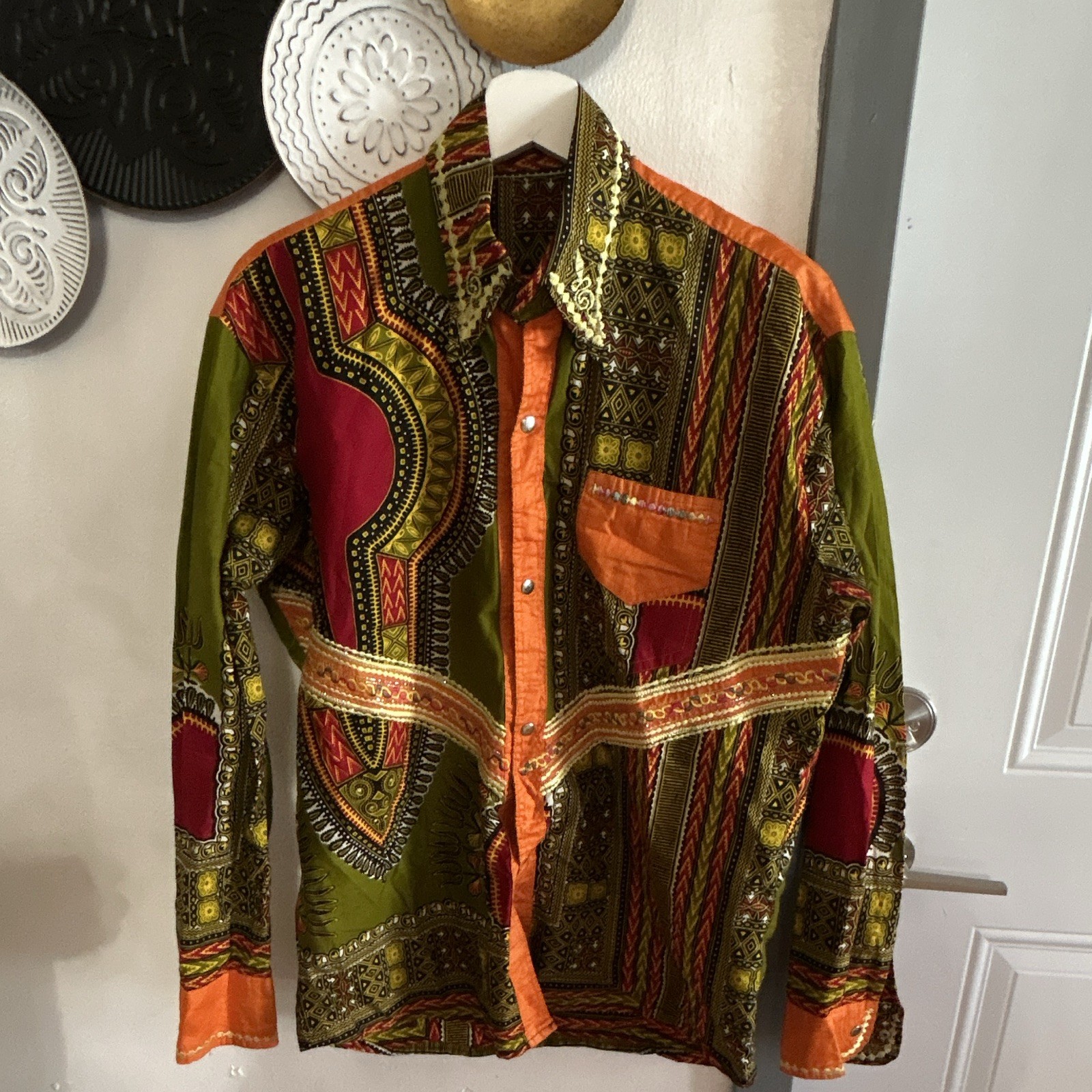 Men’s Dashiki African Wax Print Cotton Long Sleeve Button-Up Shirt One Size