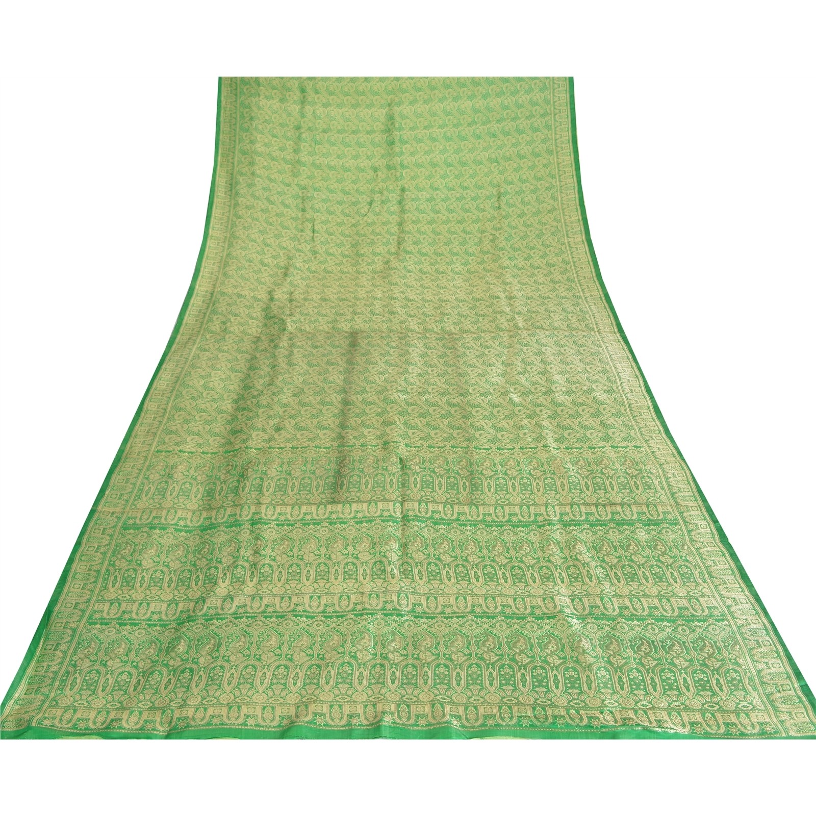 Sanskriti Vintage Green Sarees Pure Silk Zari Hand Woven Brocade Banarasi 4.5+YD