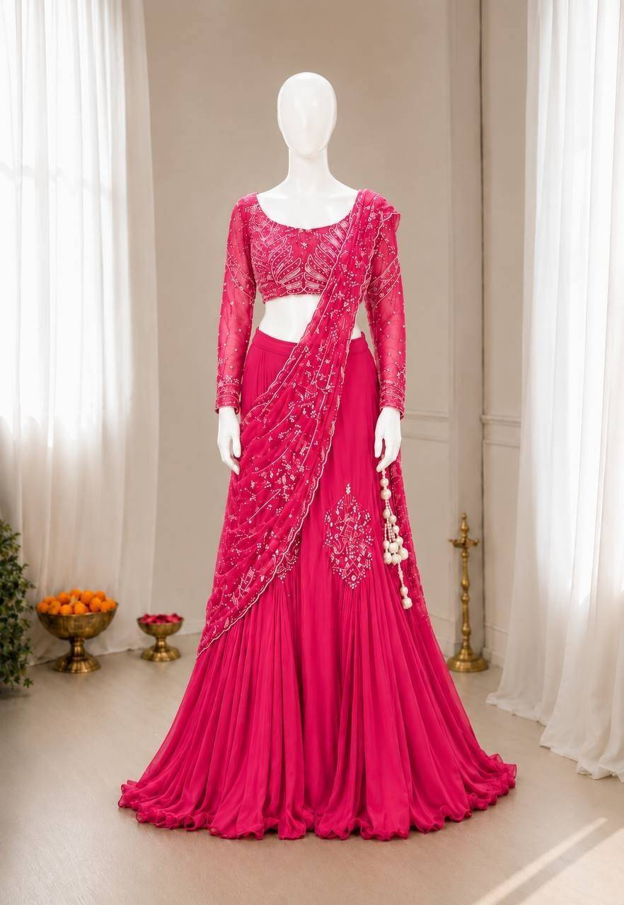 Women’s Chinon Silk Lehenga Style Saree Attached Pallu Sequins Embroidery Blouse