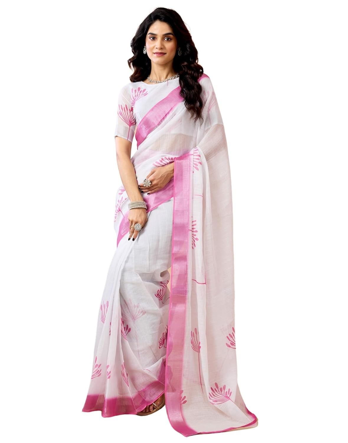Women’s Cotton Linen Ready To Wear Printed Saree with Unstitched Blouse Piece