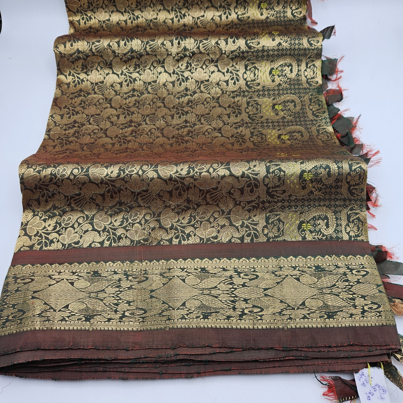 Royal Vintage Gold Brown & Emerald Pure Silk Saree