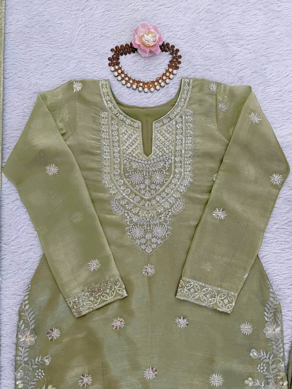 Stylish Heavy Silk Pista Green Top Palazzo With Dupatta For Indian Party Wear