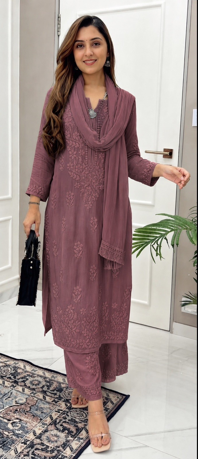 Indian Lucknowi Chikankari Kurti Pant Dupatta Set for Women Casual Party Wear