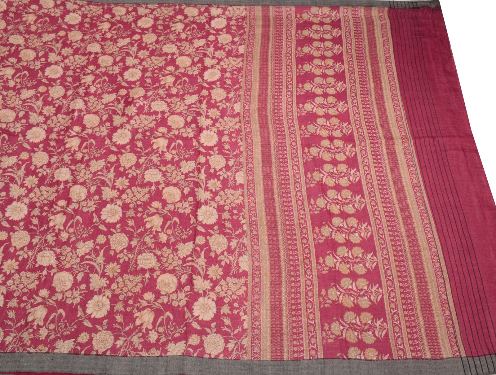 Sushila Vintage Pure Woolen Saree Floral Printed Woven Dark Magenta Sari Fabric