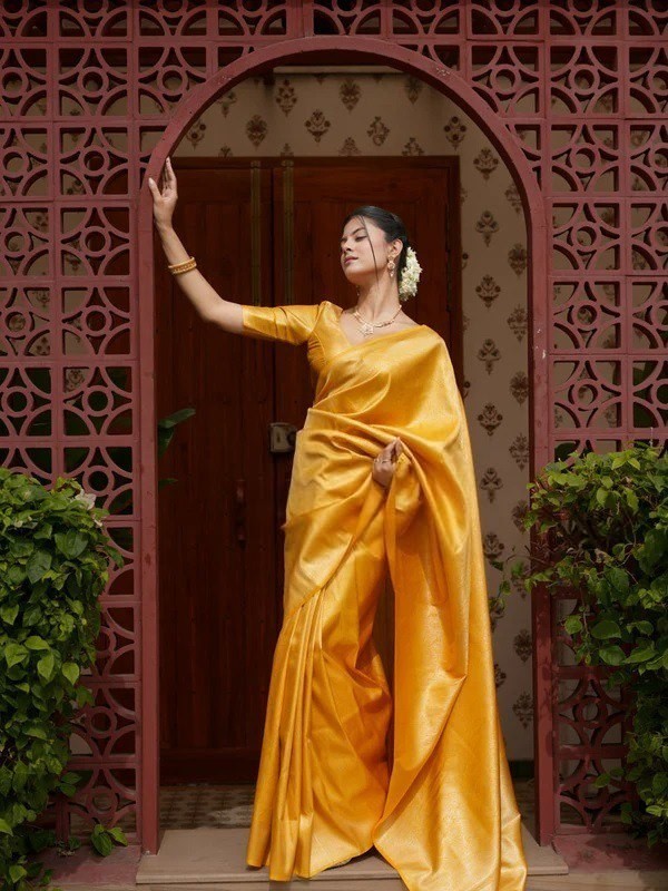Elegant Yellow Silk Saree | 100% Silk | Traditional Wear Indian Sari