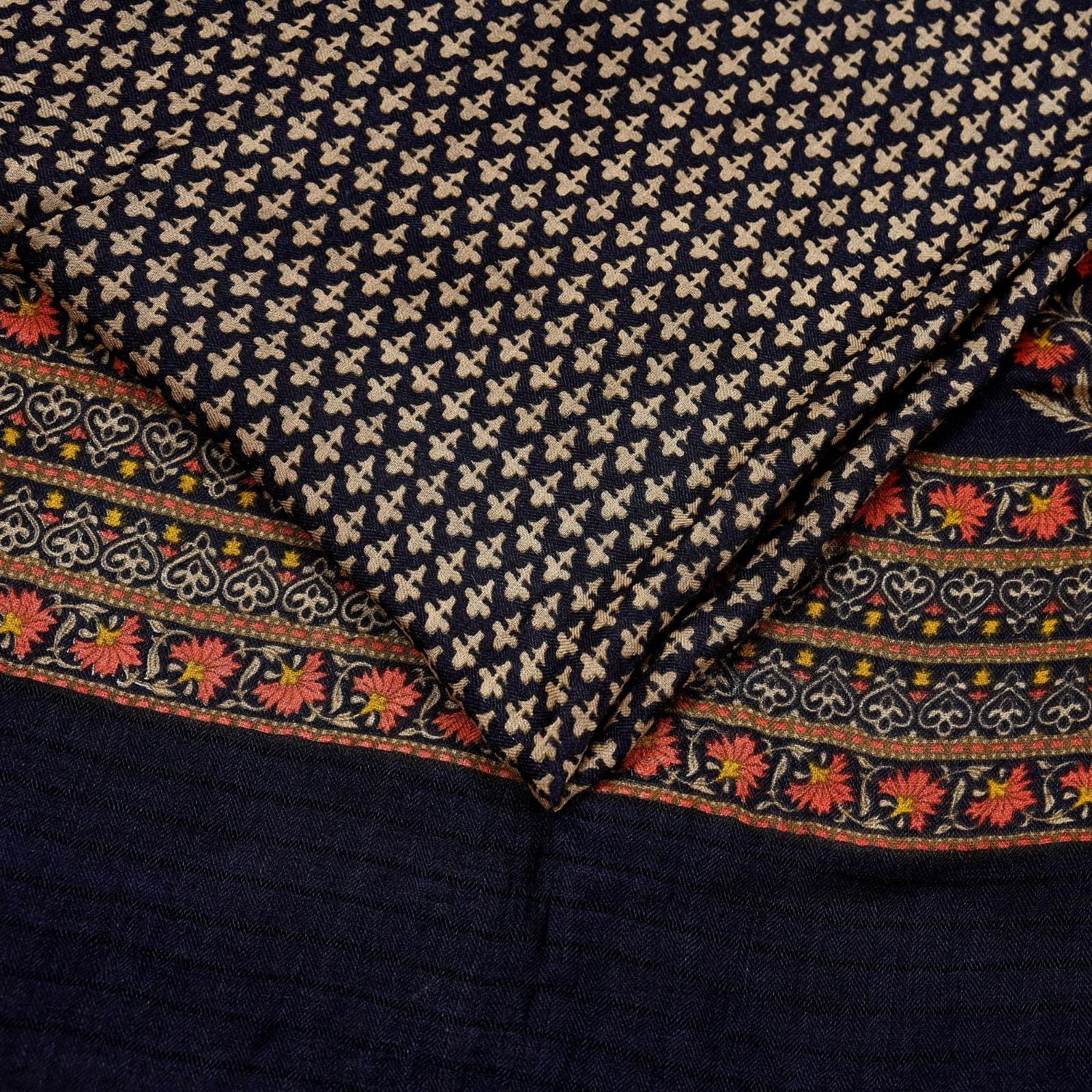 Vintage Black & Beige Saree Pure Woolen Woven Printed Sari Warm Craft Fabric 5Yd