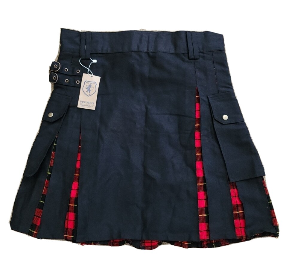 Modern Hybrid Black Cotton & Wallace Tartan Utility Kilt for Men With Brand Embr
