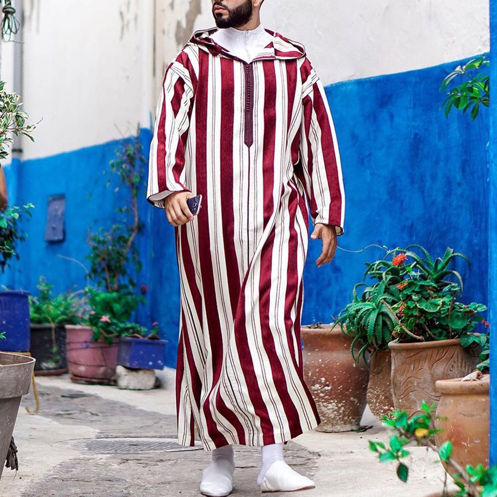 Men Black Striped Moroccan Long Sleeve Shirt Hooded Thin Thobe Thoub Abaya Robe