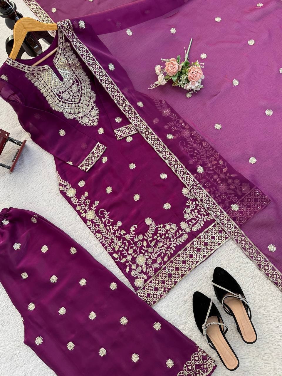 Presenting Wine Silk Kurta Palazzo With Dupatta For Indian Ethnic Wear