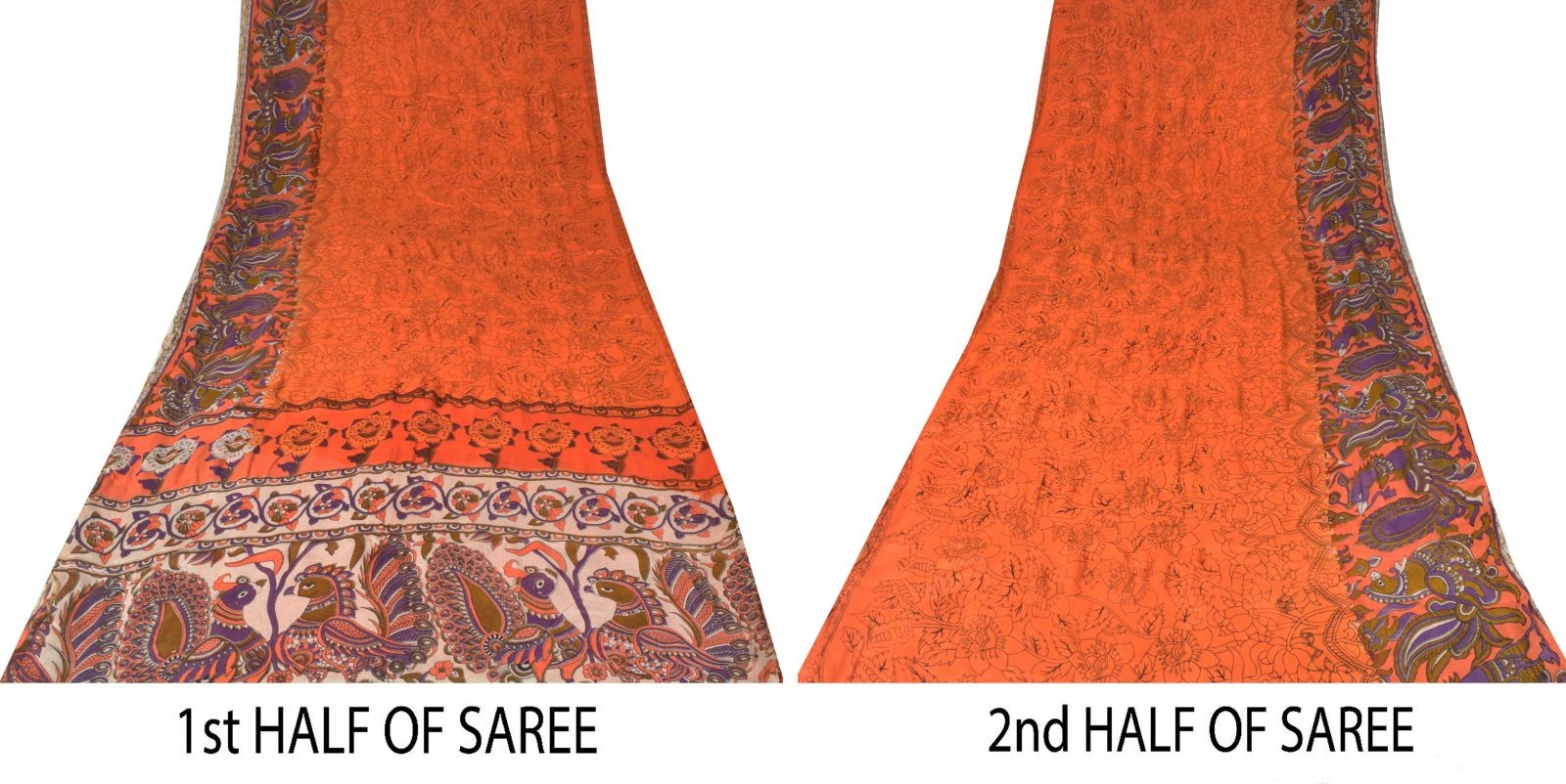 Sanskriti Vintage Orange Blend Georgette Saree Peacock Kalamkari Rotary Print 5Y