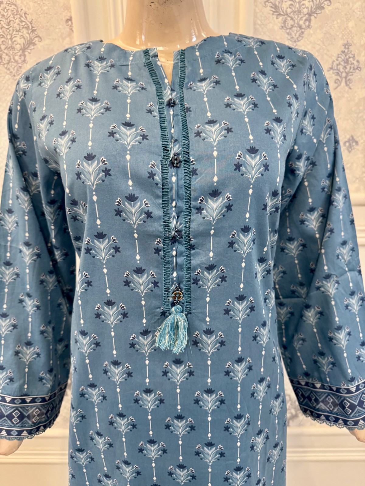Pakistani Light Blue & Dark Blue Printed Straight Shirt 3-PCS Lawn Suit ,M